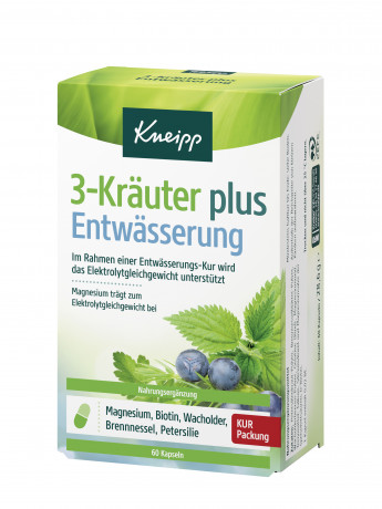 Kneipp 3-Kraeuter plus Entwaesserung, 60 Stueck, 28.6 g, Kneipp капсулы 3-Kraeuter plus Entwaesserung с петрушкой, крапивой, можжевельником, магнием и биотином, 60 шт,, 28,6 г