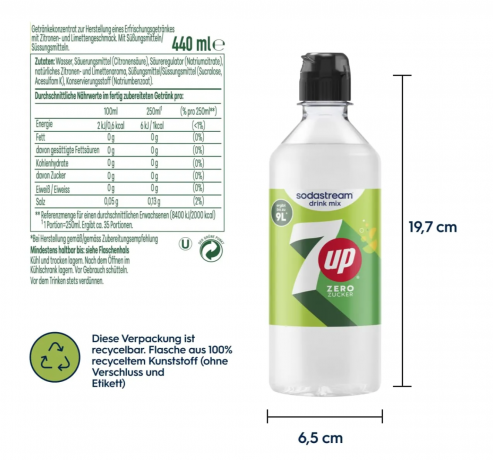 SodaStream 7UP Zero 440ml x 4st, Сироп для газированной воды, без сахара, концентрат напитка со вкусом лимона и лайма Набор 4 шт х 440 мл