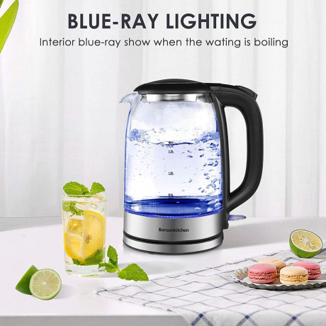 Bonsenkitchen Bonsenkitchen Wasserkocher Wasserkocher aus Glas, 1,7 L 2200 W Wasserkocher mit blauer LED-Beleuchtung, automatischer Abschaltung und Uberhitzungsschutz, Innendeckel und Boden aus 304 Edelstahl (BPA-frei), 1,7 l, 2200 W  Стеклянный чайник Bo