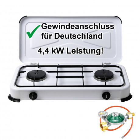 BlueCraft BlueCraft Gaskocher, (inkl. Gasschlauch und Manometerregler), Campingkocher 2-flammig, Gasherd 50 mbar  Газовая плита BlueCraft (включая газовый шланг и регулятор давления), походная плита 2 пламени, газовая плита 50 мбар