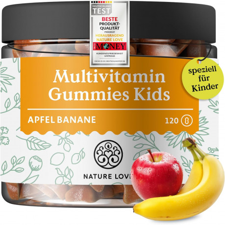 Nature Love Multivitamin Gummies Kids, Детские мультивитамины A, B1, B3, B6, B7, B12, E и йод, без сахара, яблоко-банан, для иммунитета и энергии, 120 шт