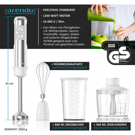 Arendo Arendo Stabmixer, 1200 W, Set, Edelstahl, DC Motor, inkl. 800 ml Messbecher, Schneebesen  Ручной блендер Arendo, 1200 Вт, набор, нержавеющая сталь, двигатель постоянного тока, вкл. мерный стакан на 800 мл, венчик
