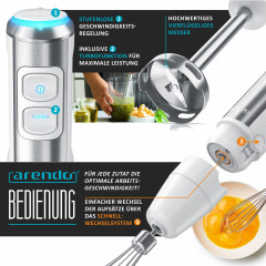 Arendo Arendo Stabmixer, 1200 W, Set, Edelstahl, DC Motor, inkl. 800 ml Messbecher, Schneebesen  Ручной блендер Arendo, 1200 Вт, набор, нержавеющая сталь, двигатель постоянного тока, вкл. мерный стакан на 800 мл, венчик