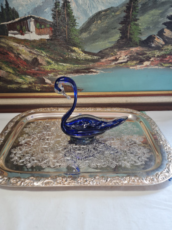 Подставка "Лебедь" ECHT в бело-синих тонах, выдувное стекло, ручная работа, 16 x 16 см, Германия, 1960-70гг.