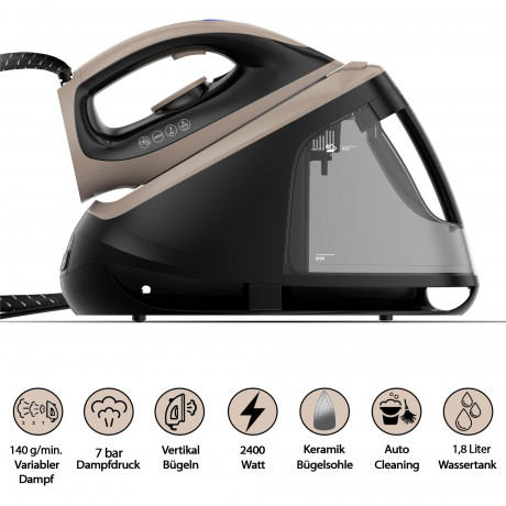 Tristan Auron Tristan Auron Dampfbugelstation Elite 8 bar Dampfdruck I 2400 W 400g Dampfstoss, 2000,00 ml Wassertank Schwarz Паровая гладильная станция Tristan Auron Elite давление пара 8 бар I, 2400 Вт, паровой удар 400 г, резервуар для воды 2000,00 мл.