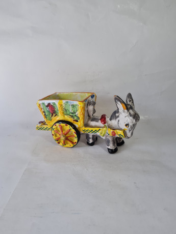 Статуэтка-подставка винтажная большая "Ослик с тележкой" в стиле майолика, керамика, 23 x 10 x 12 см, Италия, 1960-70гг.