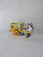 Статуэтка-подставка винтажная большая "Ослик с тележкой" в стиле майолика, керамика, 23 x 10 x 12 см, Италия, 1960-70гг.