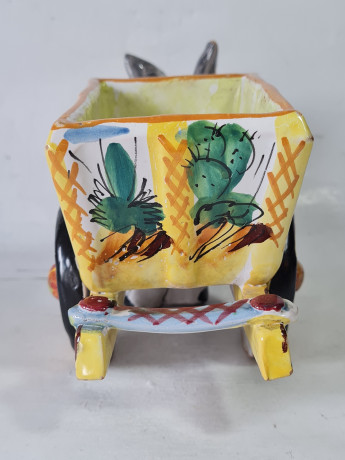 Статуэтка-подставка винтажная большая "Ослик с тележкой" в стиле майолика, керамика, 23 x 10 x 12 см, Италия, 1960-70гг.