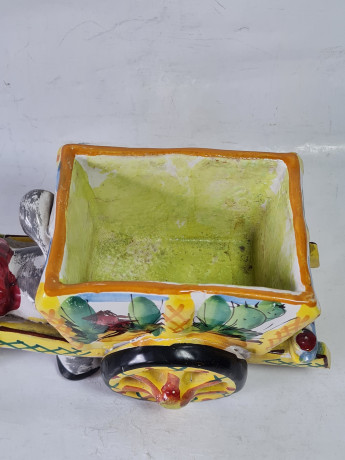 Статуэтка-подставка винтажная большая "Ослик с тележкой" в стиле майолика, керамика, 23 x 10 x 12 см, Италия, 1960-70гг.