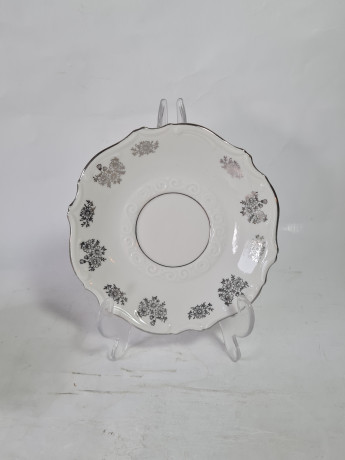 Чайное трио винтажное GKC Bavaria / 38 er "На серебряную свадьбу" с серебристым декором и надписью, фарфор, Германия, 1960-70гг.