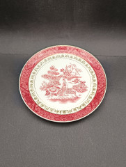 Тарелка декоративная винтажная Doppel Phoenix &quot;Женщина в японском саду&quot; в красных оттенках, фарфор, 17 см, Япония, 1960-70гг.