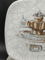 Тарелка декоративная винтажная Karlsruhe, с изображением фонтана, кракелюр, ручная роспись, 18.5 х 18.5 см, Германия, 1970-80гг.