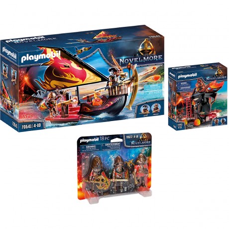 PLAYMOBIL 3er Set: 70641 Burnham Raiders Feuerschiff + 70393 Burnham Raiders Feuerrammbock + 70672 3er Set Burnham Raiders Набор из 3 предметов: 70641 Плавучий маяк Burnham Raiders + 70393 Огненный таран Burnham Raiders + 70672 Набор из 3 кораблей Burnham
