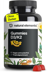 natural elements D3 + K2 Gummies Kids, Детские витамины, витамин D3 600 IU и K2, без сахара, тропический вкус, для иммунитета и костей, 120 шт