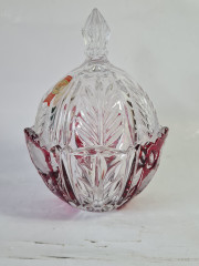 Ваза с крышкой винтажная Anna Hutte, хрусталь с красным декором, 13 x 17,5 см, Германия, 1960-70гг.