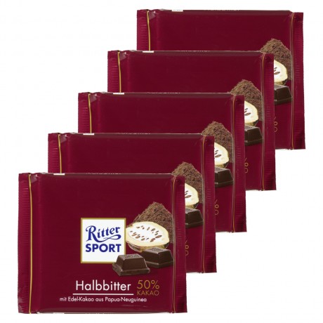 Ritter Sport (Риттер Спорт) Tafelschokolade Halbbitter zart herbe, dunkle Schokolade, Kakao (50 %), 5 шт. по 100 г Упаковка 500 г