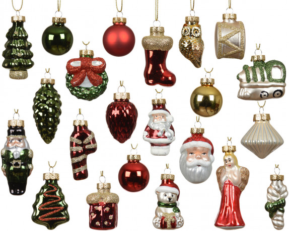 Decoris Glasfiguren Adventskalender 2026, Decoris адвент-календарь с 24 стеклянными ёлочными фигурками в красных, зелёных, синих и жёлтых тонах