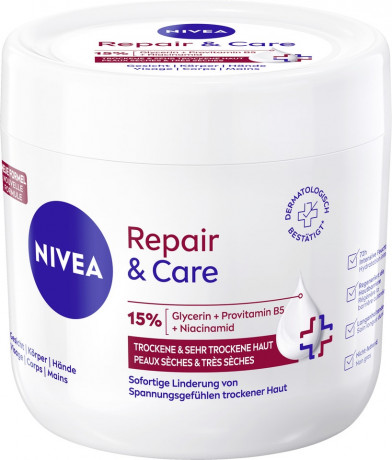 NIVEA Body Repair & Care Creme, 400 ml, Нивеа Крем для тела, 15% глицерин, провитамин B5 и ниацинамид, для очень сухой кожи, 72ч увлажнение, 400 мл