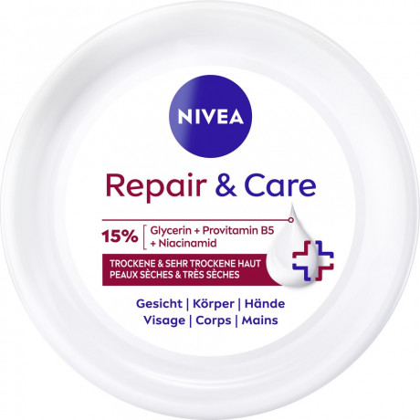 NIVEA Body Repair & Care Creme, 400 ml, Нивеа Крем для тела, 15% глицерин, провитамин B5 и ниацинамид, для очень сухой кожи, 72ч увлажнение, 400 мл