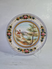 Тарелка декоративная винтажная Deruta, керамика с рисунком &quot;Дом в горах у реки&quot;, ручная работа, 25 x 3 см, Италия