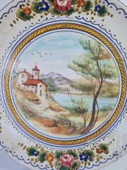 Тарелка декоративная винтажная Deruta, керамика с рисунком &quot;Дом в горах у реки&quot;, ручная работа, 25 x 3 см, Италия