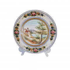 Тарелка декоративная винтажная Deruta, керамика с рисунком &quot;Дом в горах у реки&quot;, ручная работа, 25 x 3 см, Италия