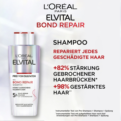 L'Oreal Paris Elvital Shampoo Bond Repair Anti-Haarschaeden, 200 ml, Бессульфатный шампунь с лимонной кислотой для восстановления и укрепления повреждённых волос, 200 мл