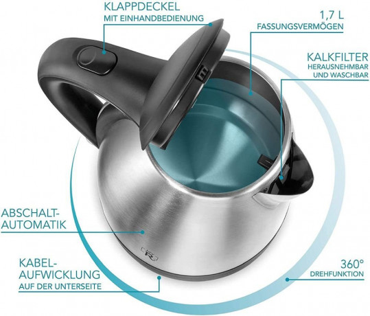 - CONTRAER - - CONTRAER Wasserkocher Edelstahl Wasserkocher 1,7L 2200 W schnurlos Abschaltautomatik, 1,7 l, 2200 W  - CONTRAER Чайник из нержавеющей стали, чайник 1,7 л, 2200 Вт, беспроводной с автоматическим отключением, 1,7 л, 2200 Вт